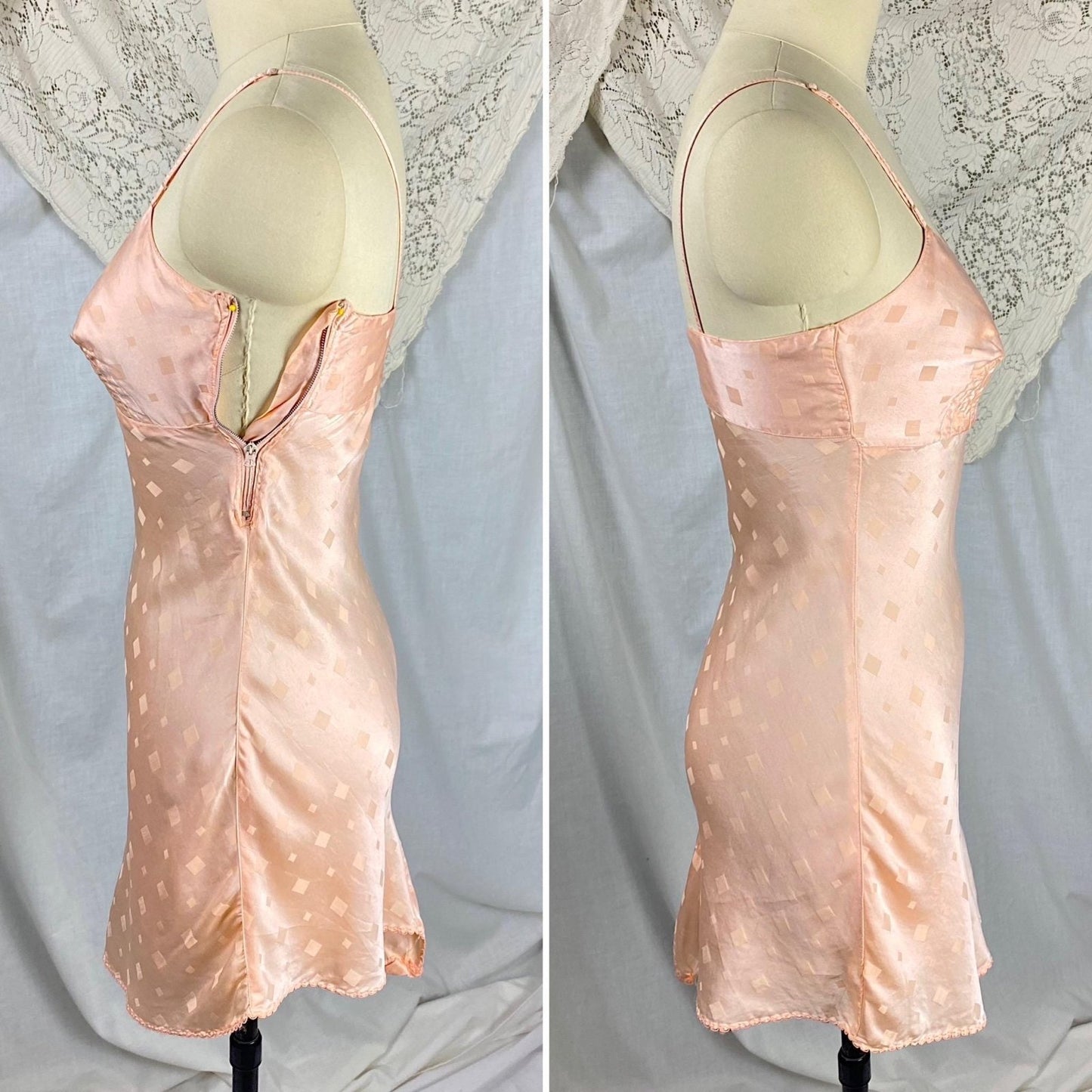 Vintage 1930's Teddy Chemise | Rose Gold Pink Silk with Diamond Satin Damask Pattern & Darted Bust | Size XXS, XS - Daggers & Dames