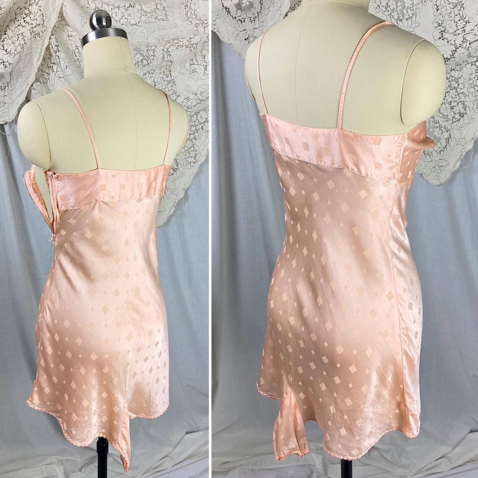 Vintage 1930's Teddy Chemise | Rose Gold Pink Silk with Diamond Satin Damask Pattern & Darted Bust | Size XXS, XS - Daggers & Dames