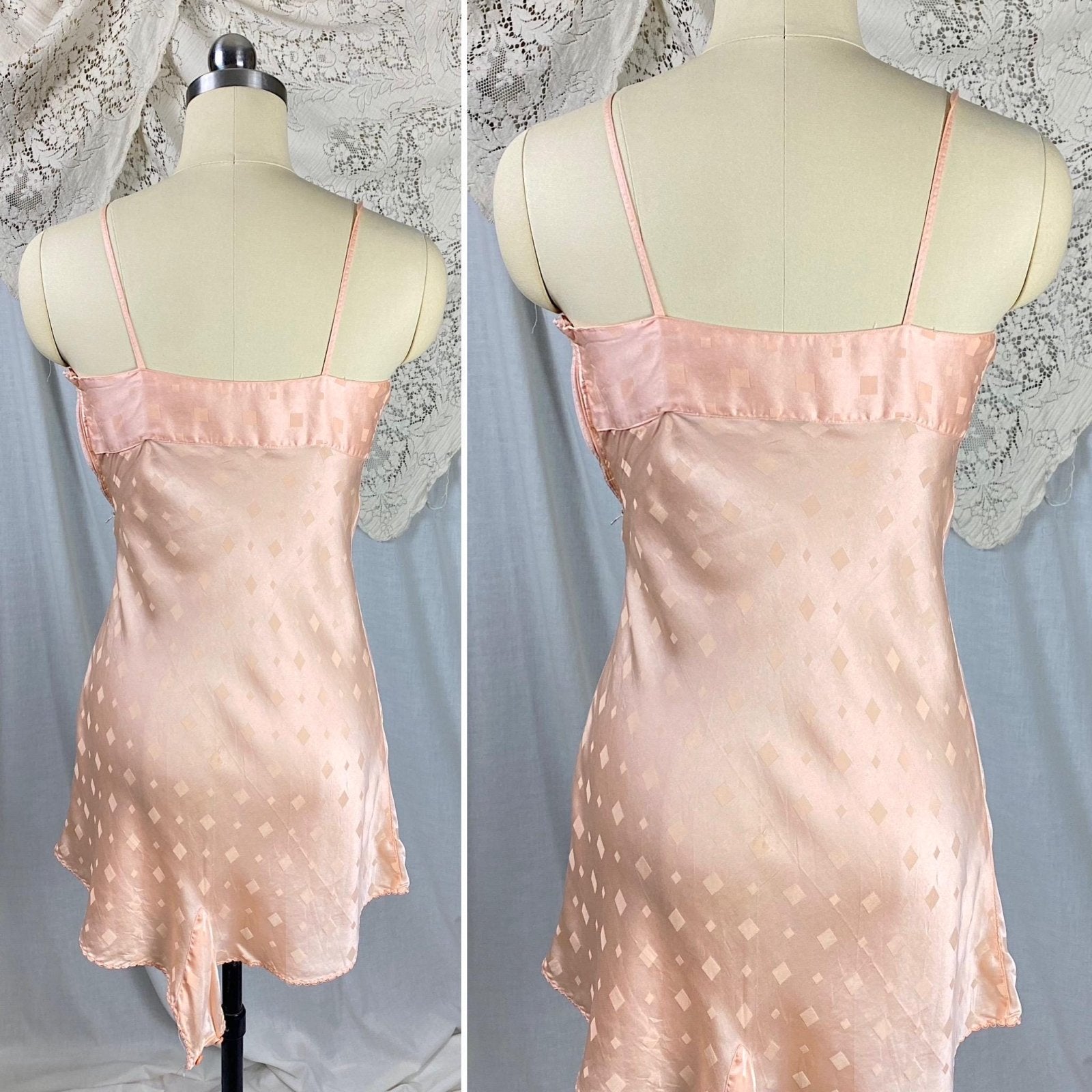 Vintage 1930's Teddy Chemise | Rose Gold Pink Silk with Diamond Satin Damask Pattern & Darted Bust | Size XXS, XS - Daggers & Dames