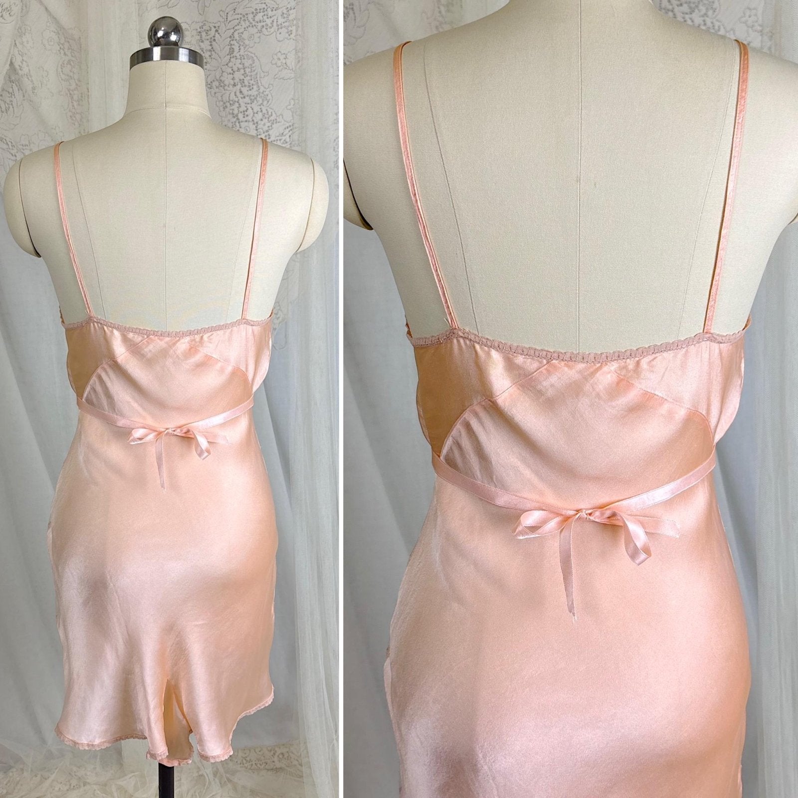 Vintage 1930's Teddy Chemise - Rose Gold Pink Silk with Warm Beige Tambour Lace - Size XS - Daggers & Dames