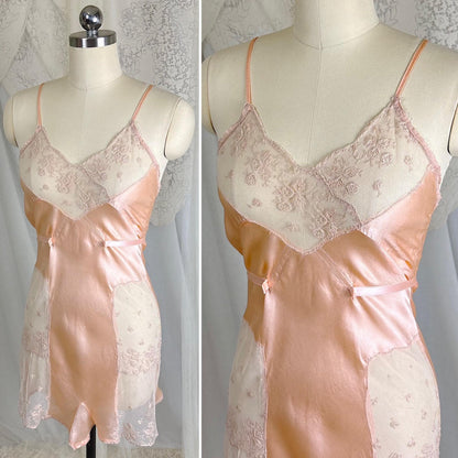 Vintage 1930's Teddy Chemise - Rose Gold Pink Silk with Warm Beige Tambour Lace - Size XS - Daggers & Dames