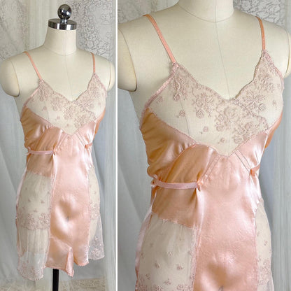 Vintage 1930's Teddy Chemise - Rose Gold Pink Silk with Warm Beige Tambour Lace - Size XS - Daggers & Dames