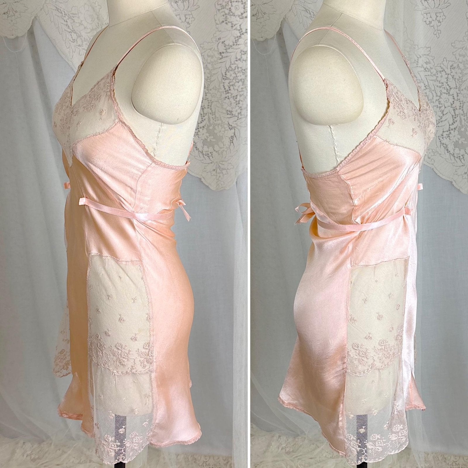Vintage 1930's Teddy Chemise - Rose Gold Pink Silk with Warm Beige Tambour Lace - Size XS - Daggers & Dames