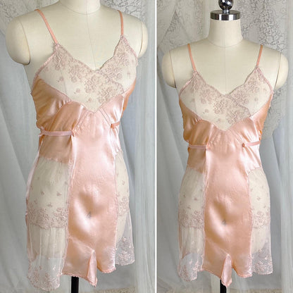 Vintage 1930's Teddy Chemise - Rose Gold Pink Silk with Warm Beige Tambour Lace - Size XS - Daggers & Dames
