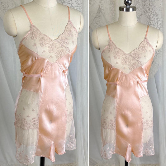 Vintage 1930's Teddy Chemise - Rose Gold Pink Silk with Warm Beige Tambour Lace - Size XS - Daggers & Dames
