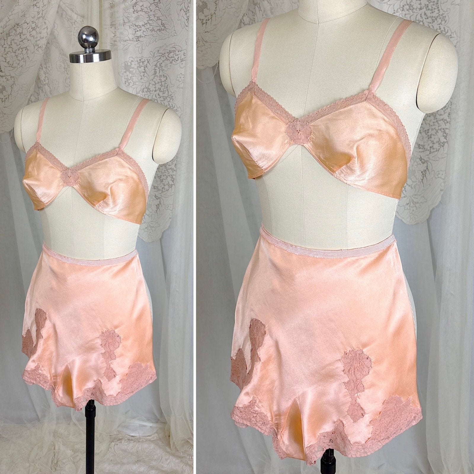 Vintage 1930's Warm Peach Silk Satin Bralette & Tap Pants Lingerie Set - Size S, M - Daggers & Dames