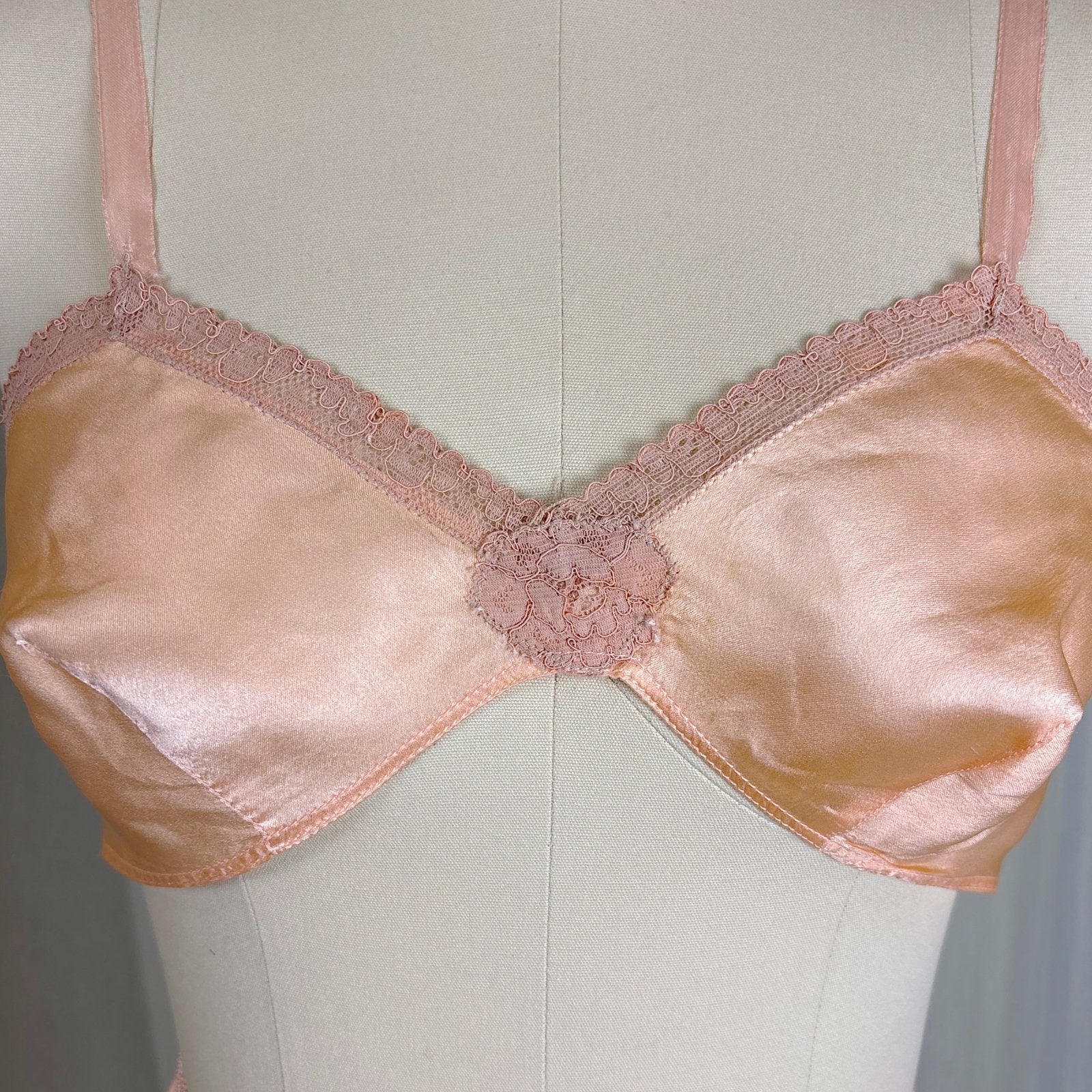 Vintage 1930's Warm Peach Silk Satin Bralette & Tap Pants Lingerie Set - Size S, M - Daggers & Dames