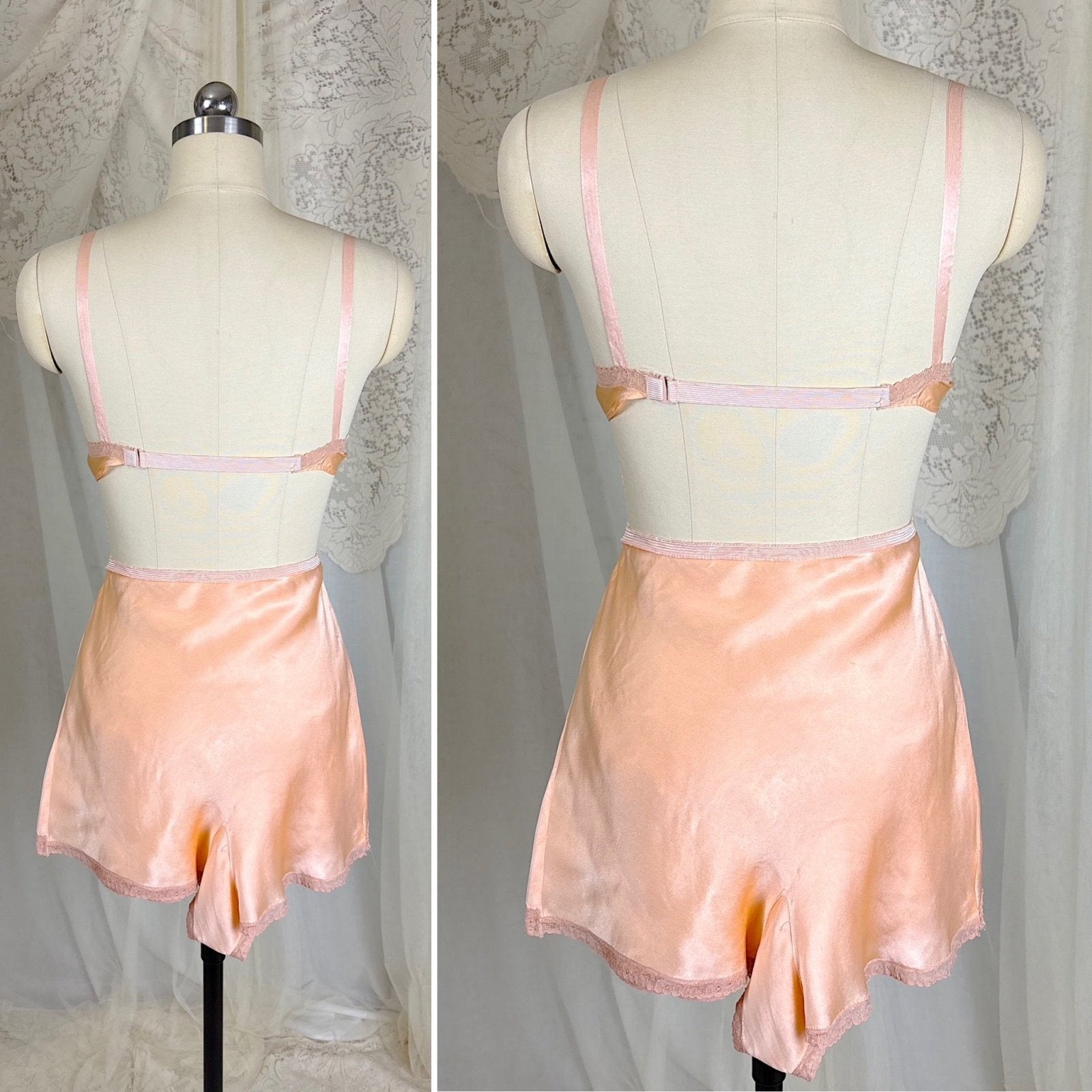 Vintage 1930's Warm Peach Silk Satin Bralette & Tap Pants Lingerie Set - Size S, M - Daggers & Dames