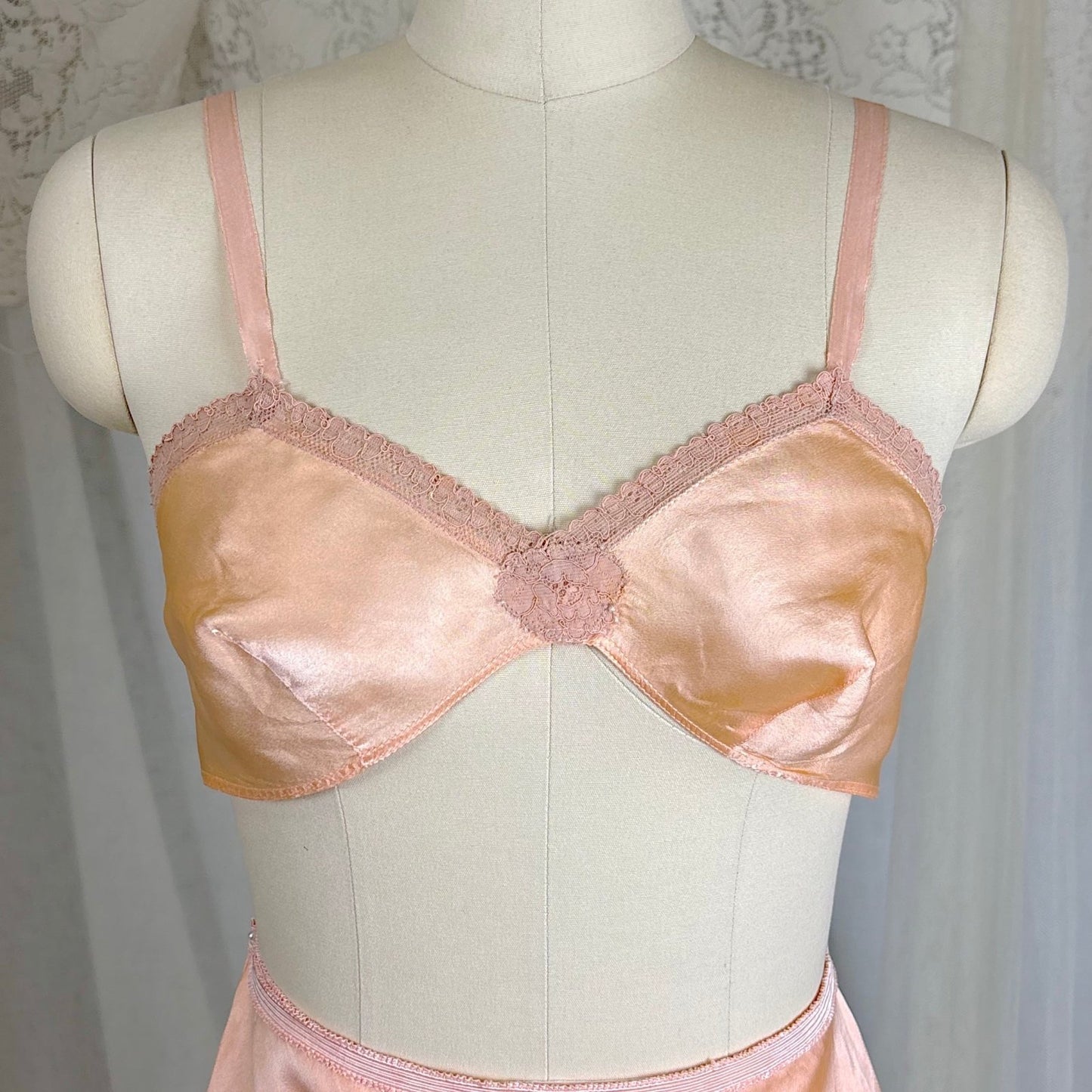 Vintage 1930's Warm Peach Silk Satin Bralette & Tap Pants Lingerie Set - Size S, M - Daggers & Dames