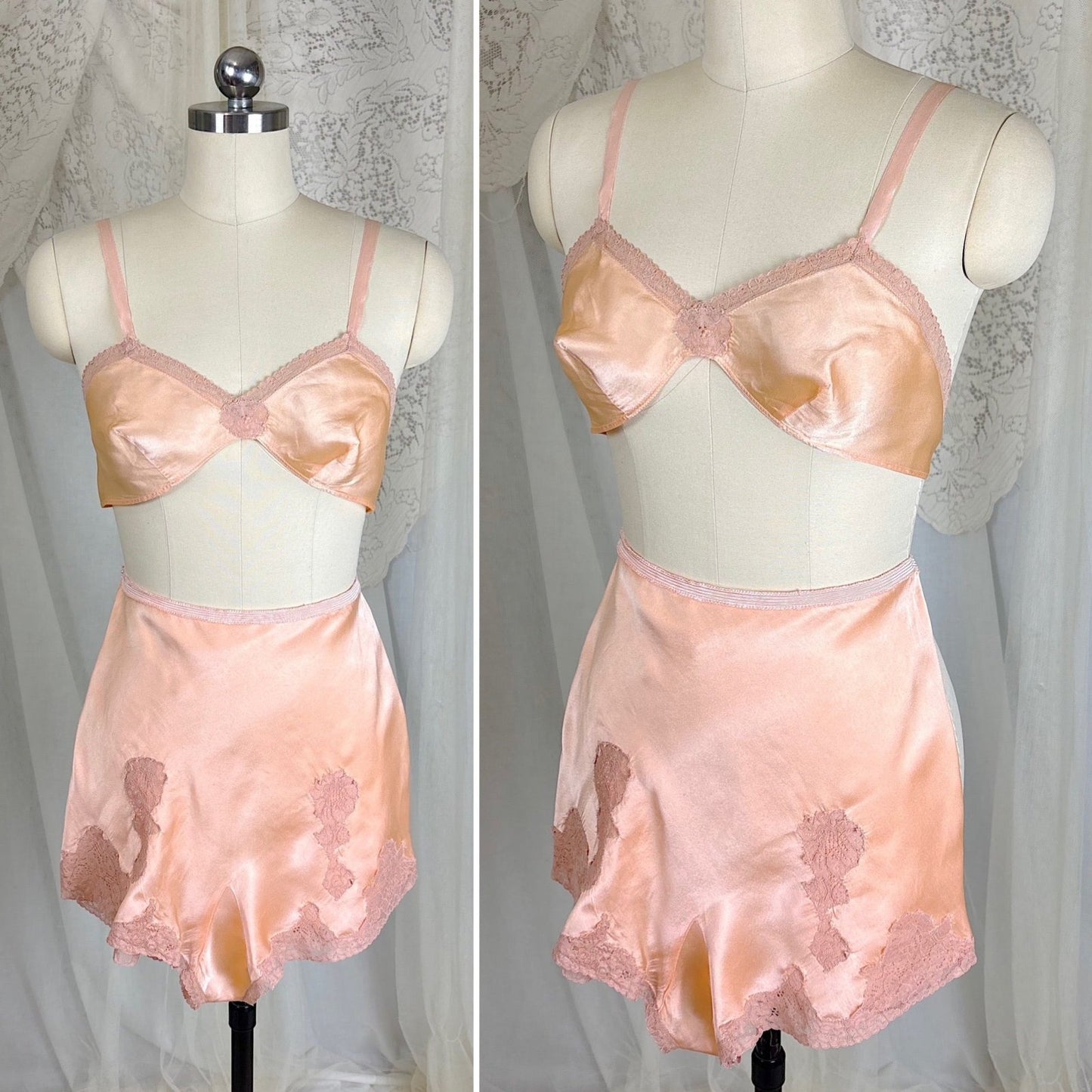 Vintage 1930's Warm Peach Silk Satin Bralette & Tap Pants Lingerie Set - Size S, M - Daggers & Dames