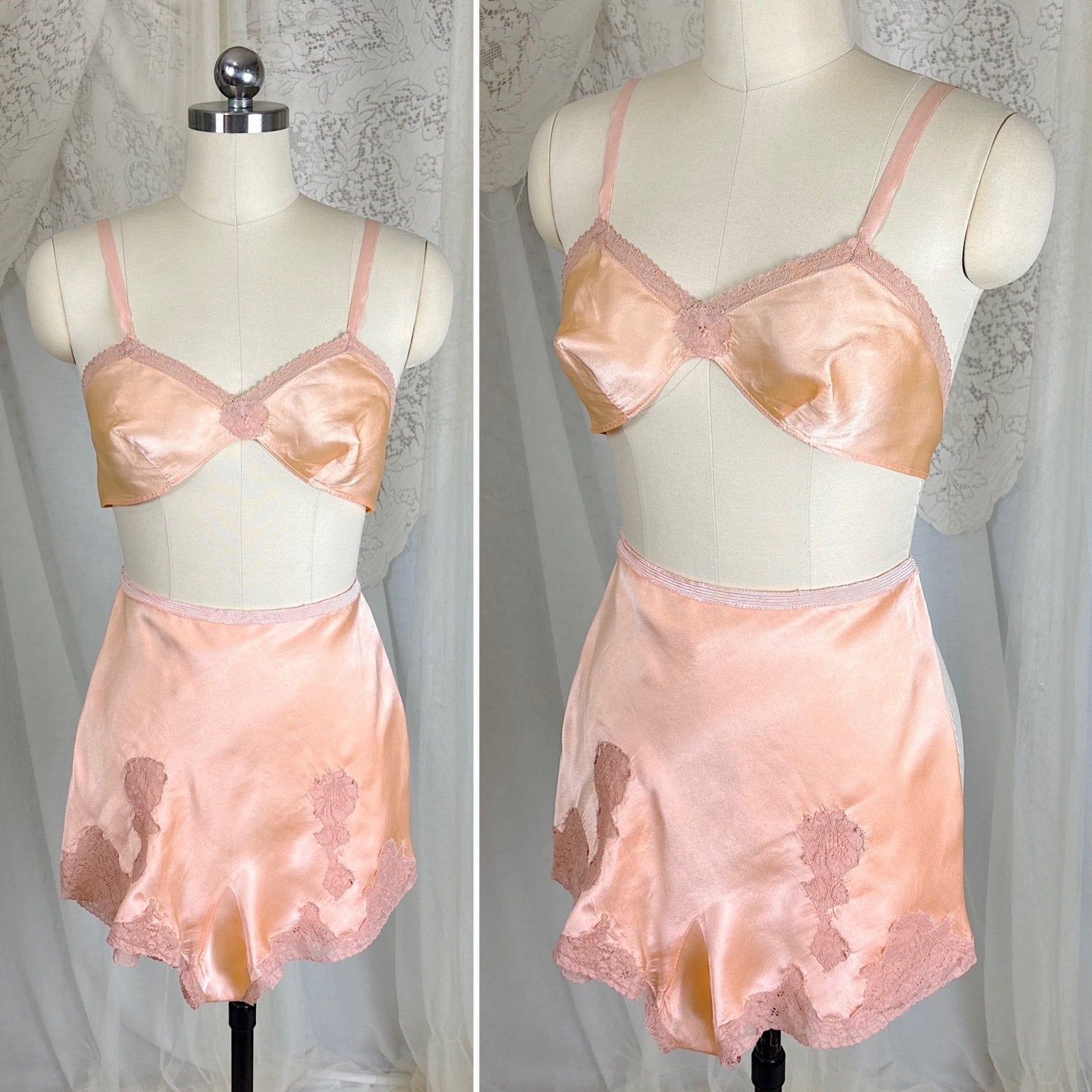 Vintage 1930's Warm Peach Silk Satin Bralette & Tap Pants Lingerie Set - Size S, M - Daggers & Dames