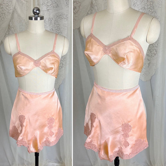 Vintage 1930's Warm Peach Silk Satin Bralette & Tap Pants Lingerie Set - Size S, M - Daggers & Dames