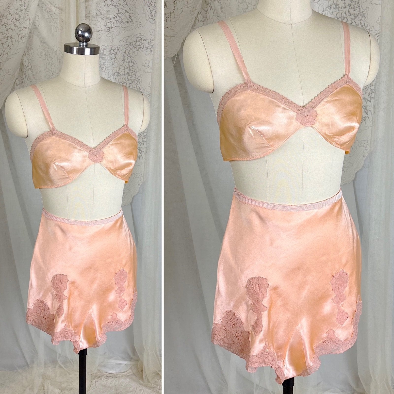 Vintage 1930's Warm Peach Silk Satin Bralette & Tap Pants Lingerie Set - Size S, M - Daggers & Dames
