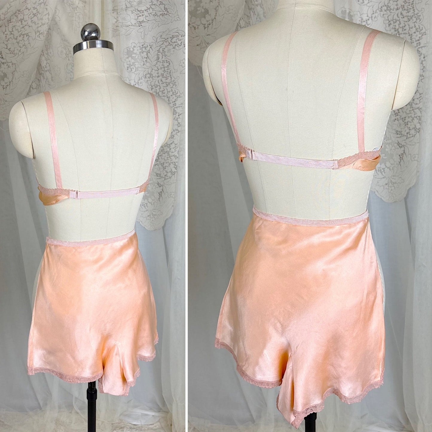 Vintage 1930's Warm Peach Silk Satin Bralette & Tap Pants Lingerie Set - Size S, M - Daggers & Dames