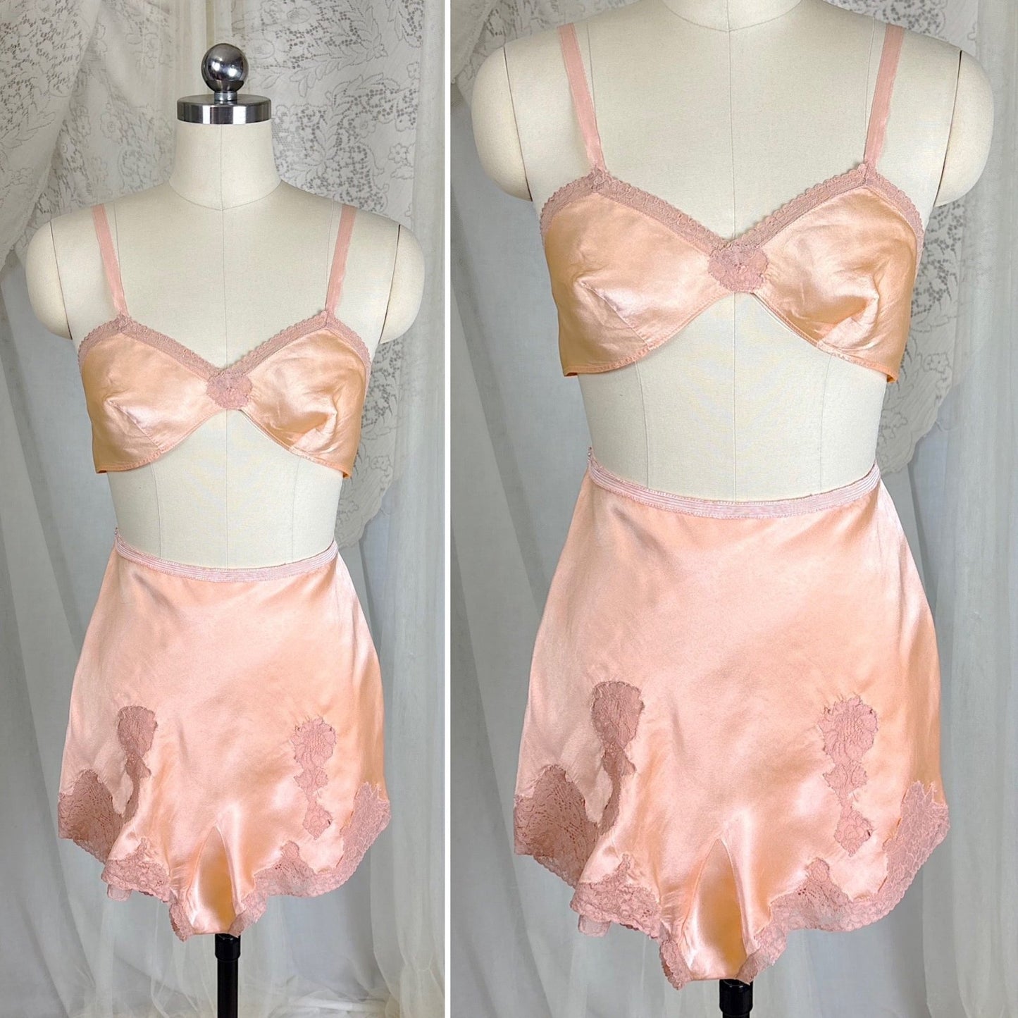 Vintage 1930's Warm Peach Silk Satin Bralette & Tap Pants Lingerie Set - Size S, M - Daggers & Dames