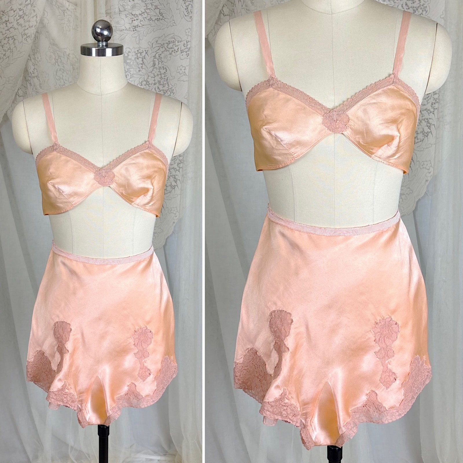 Vintage 1930's Warm Peach Silk Satin Bralette & Tap Pants Lingerie Set - Size S, M - Daggers & Dames
