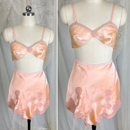 Vintage 1930's Warm Peach Silk Satin Bralette & Tap Pants Lingerie Set - Size S, M - Daggers & Dames