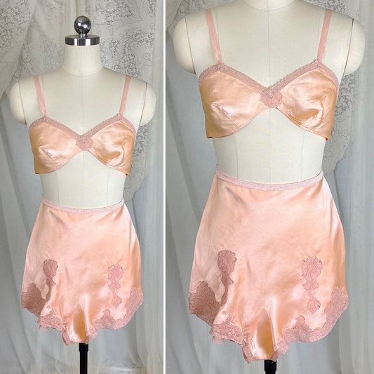 Vintage 1930's Warm Peach Silk Satin Bralette & Tap Pants Lingerie Set - Size S, M - Daggers & Dames