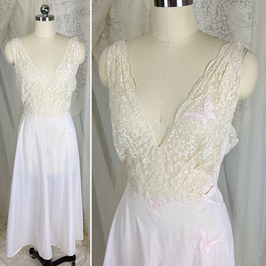 Vintage 1940's - 1950's Crisp Palest Pink Tea Length Nightgown with Ivory Floral Lace & Butterfly Appliqués - By Hatem, Size M, LG - Daggers & Dames