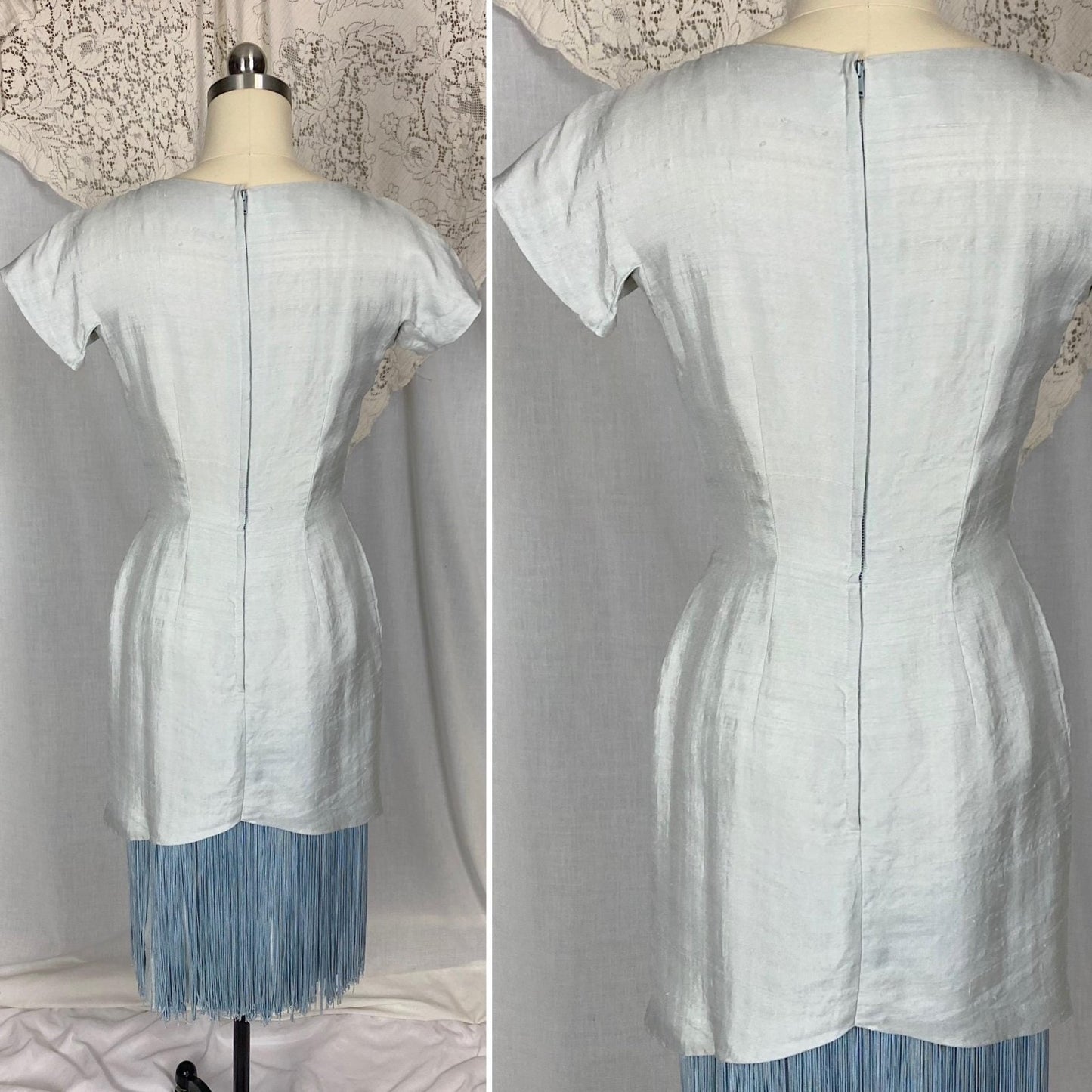 Vintage 1940s - 1950's Dress | Icy Pale Blue Shantung Silk with Fringe | Size XS | Seymour Jacobson - Daggers & Dames