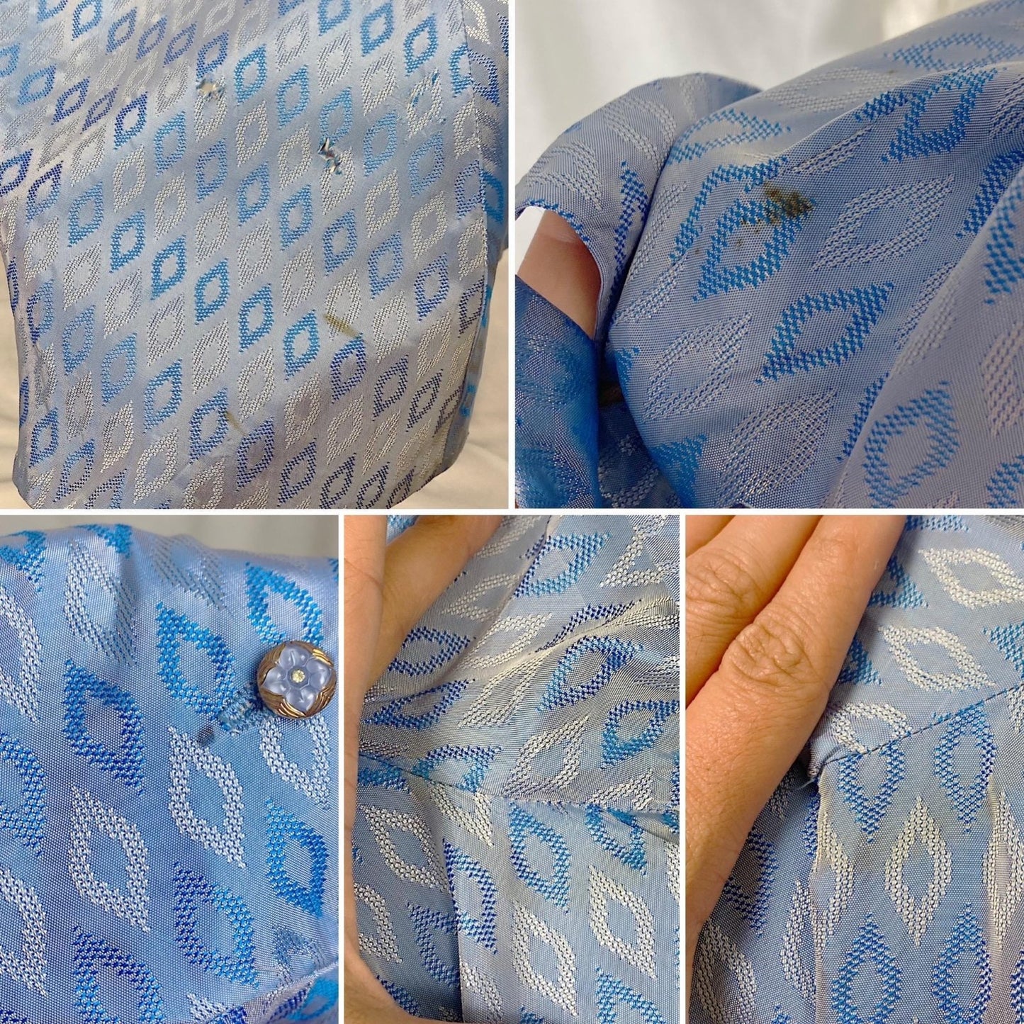Vintage 1940's - 1950's Dress | Pale Blue Rayon Taffeta with Diamond Satin Damask Pattern & Glass Buttons | Size M, LG - Daggers & Dames
