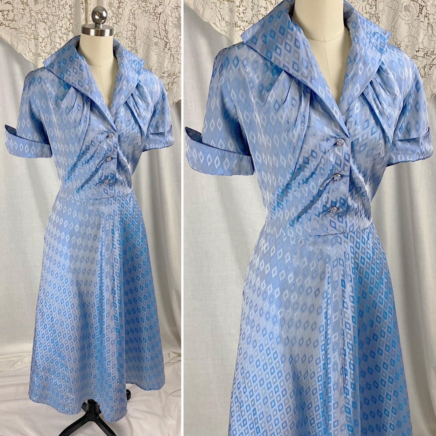 Vintage 1940's - 1950's Dress | Pale Blue Rayon Taffeta with Diamond Satin Damask Pattern & Glass Buttons | Size M, LG - Daggers & Dames