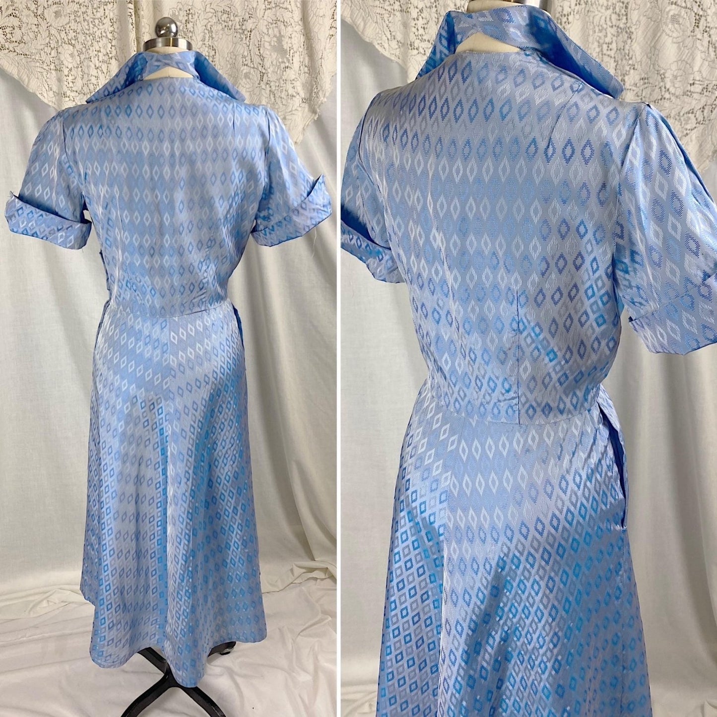 Vintage 1940's - 1950's Dress | Pale Blue Rayon Taffeta with Diamond Satin Damask Pattern & Glass Buttons | Size M, LG - Daggers & Dames