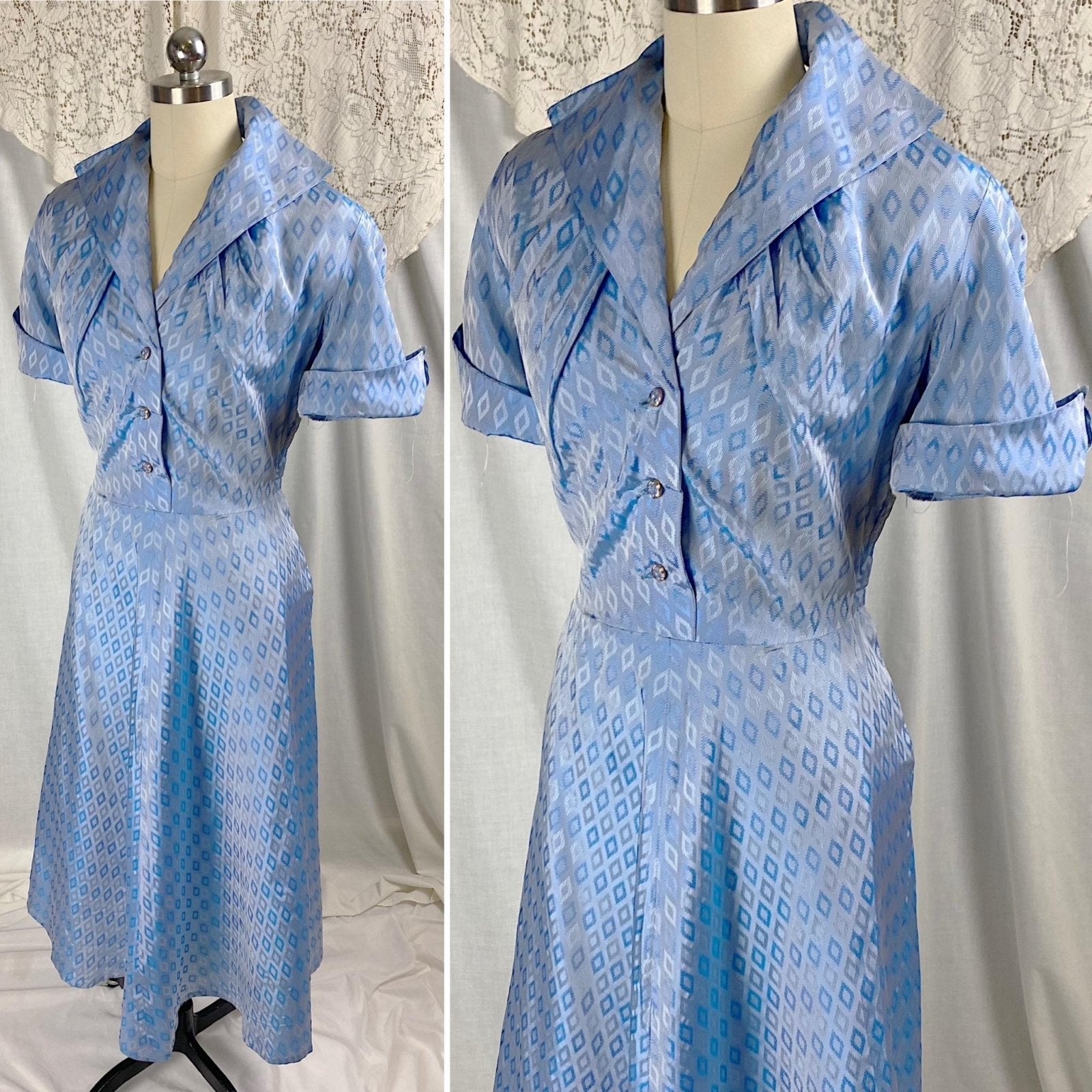 Vintage 1940's - 1950's Dress | Pale Blue Rayon Taffeta with Diamond Satin Damask Pattern & Glass Buttons | Size M, LG - Daggers & Dames