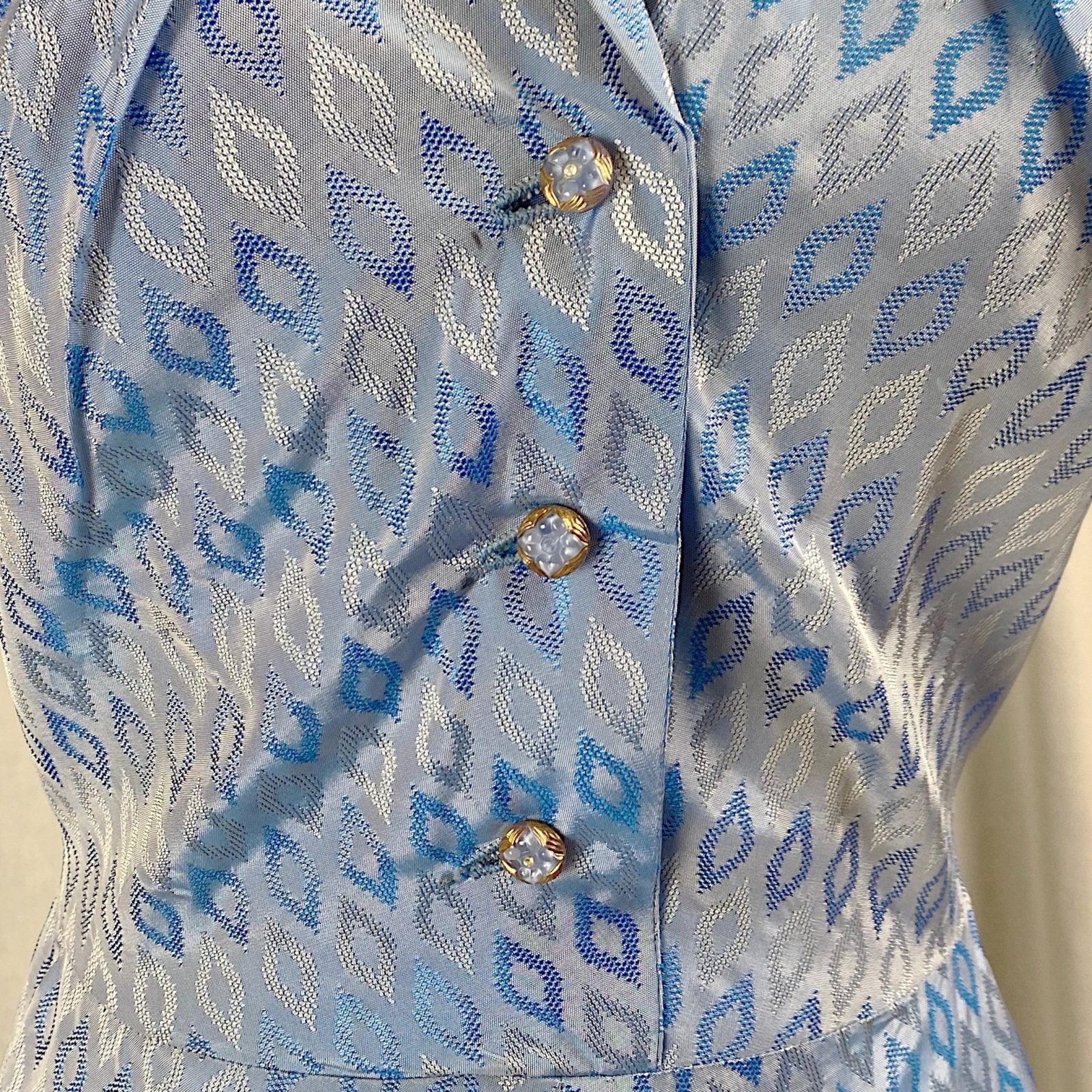 Vintage 1940's - 1950's Dress | Pale Blue Rayon Taffeta with Diamond Satin Damask Pattern & Glass Buttons | Size M, LG - Daggers & Dames