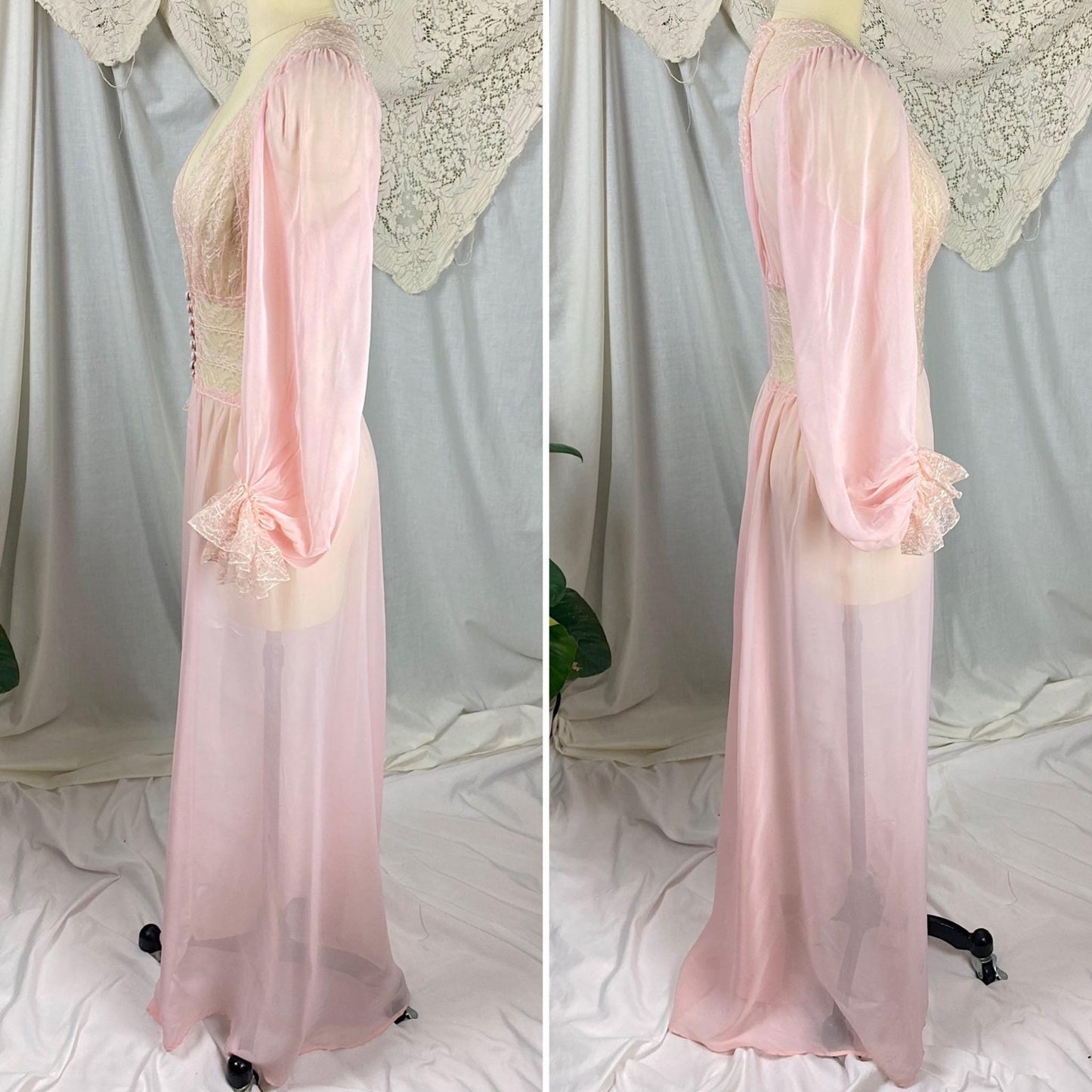 Vintage 1940's - 1950's Dressing Gown Robe | Sheer Baby Pink Rayon Chiffon with Nylon Lace | Size S - Daggers & Dames