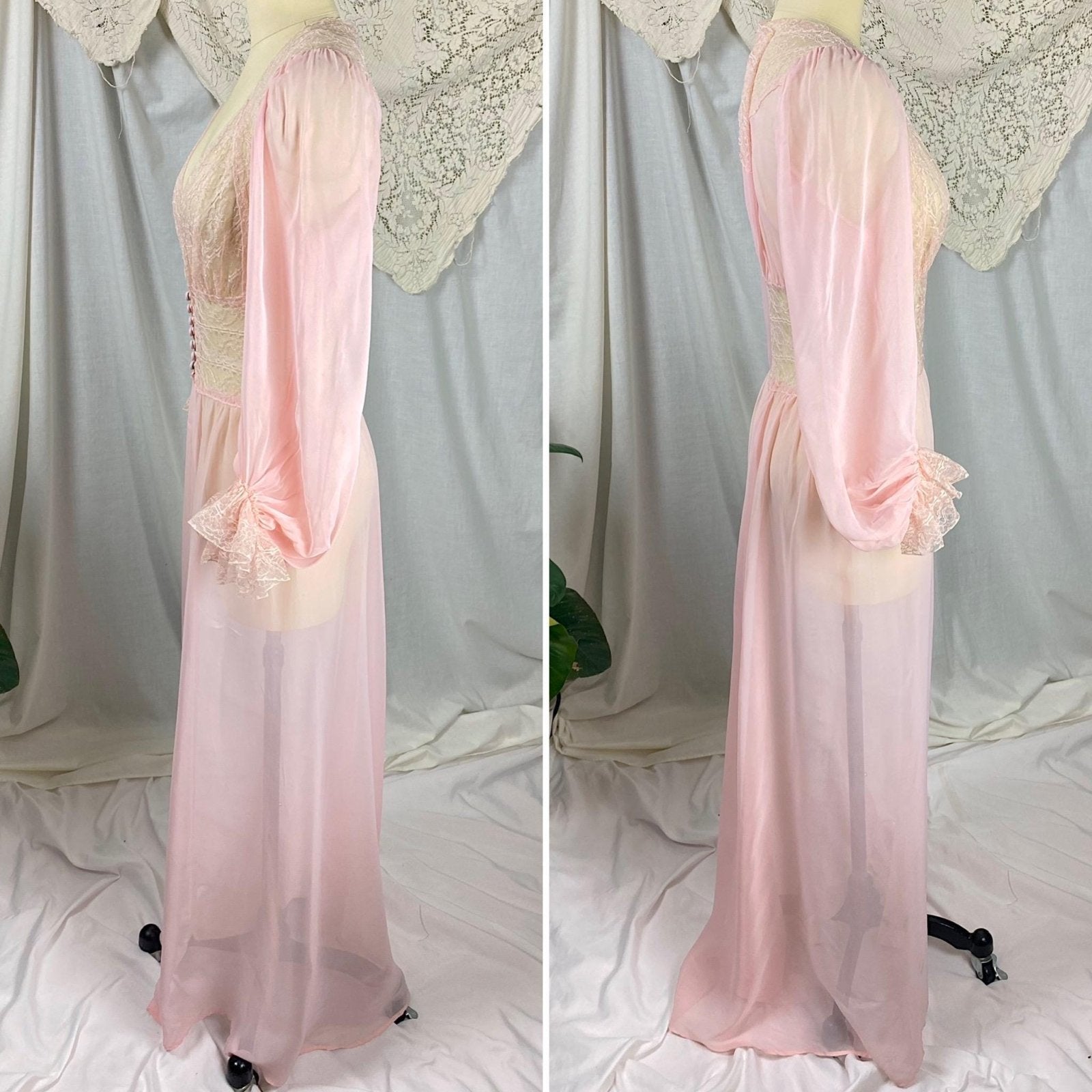 Vintage 1940's - 1950's Dressing Gown Robe | Sheer Baby Pink Rayon Chiffon with Nylon Lace | Size S - Daggers & Dames