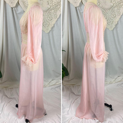 Vintage 1940's - 1950's Dressing Gown Robe | Sheer Baby Pink Rayon Chiffon with Nylon Lace | Size S - Daggers & Dames
