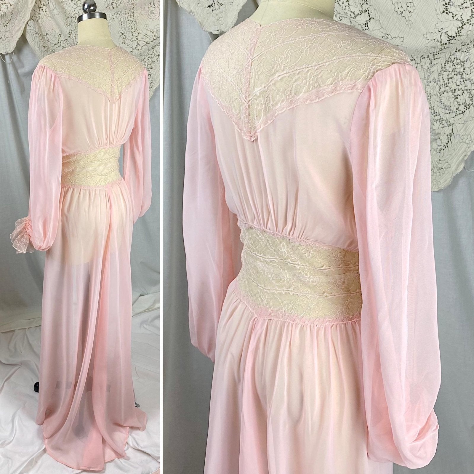 Vintage 1940's - 1950's Dressing Gown Robe | Sheer Baby Pink Rayon Chiffon with Nylon Lace | Size S - Daggers & Dames