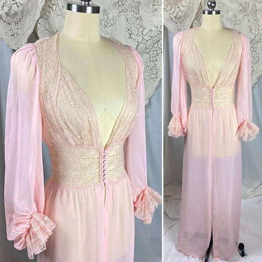 Vintage 1940's - 1950's Dressing Gown Robe | Sheer Baby Pink Rayon Chiffon with Nylon Lace | Size S - Daggers & Dames