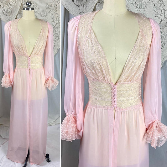 Vintage 1940's - 1950's Dressing Gown Robe | Sheer Baby Pink Rayon Chiffon with Nylon Lace | Size S - Daggers & Dames