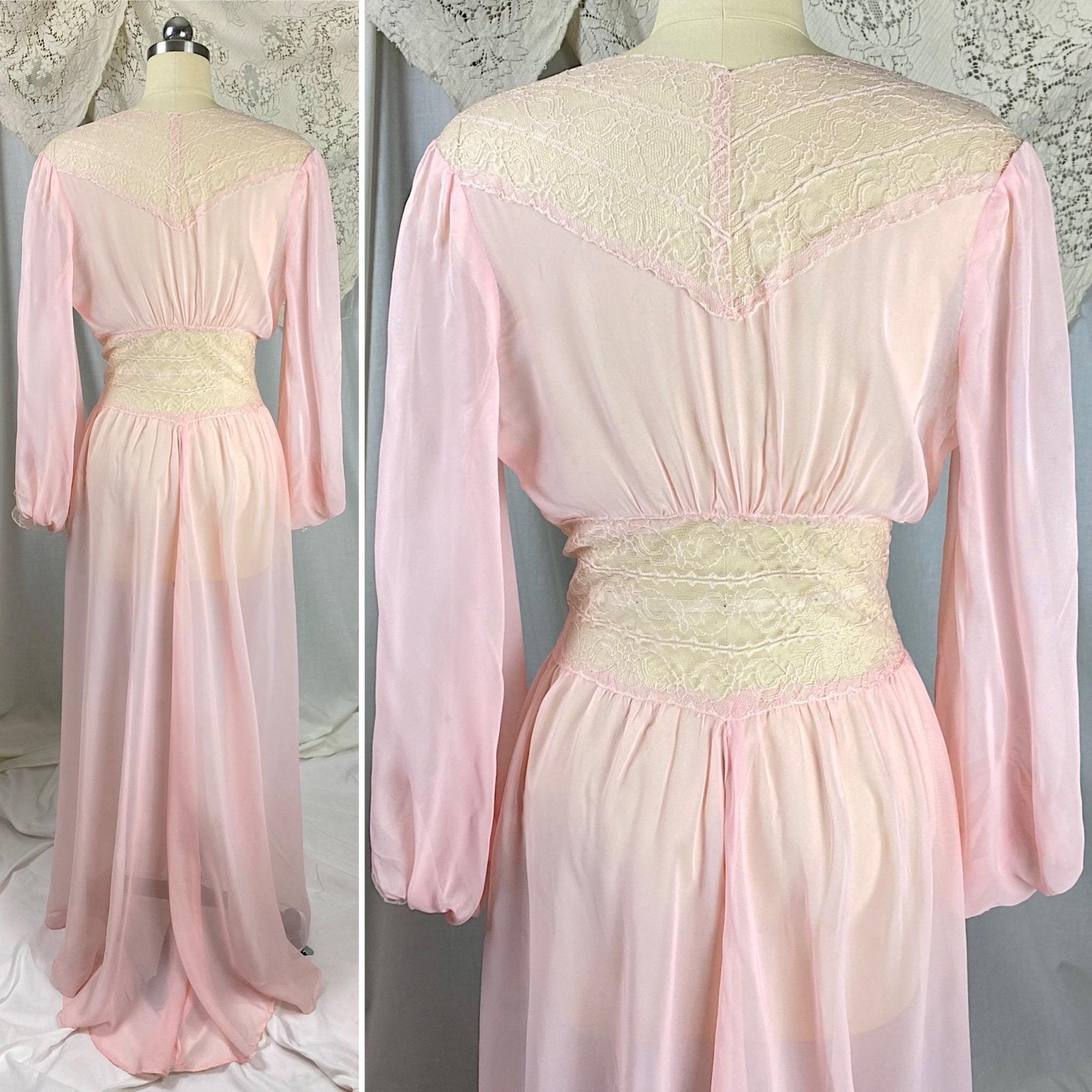 Vintage 1940's - 1950's Dressing Gown Robe | Sheer Baby Pink Rayon Chiffon with Nylon Lace | Size S - Daggers & Dames