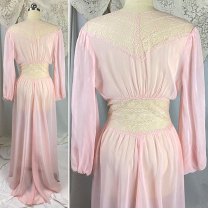 Vintage 1940's - 1950's Dressing Gown Robe | Sheer Baby Pink Rayon Chiffon with Nylon Lace | Size S - Daggers & Dames