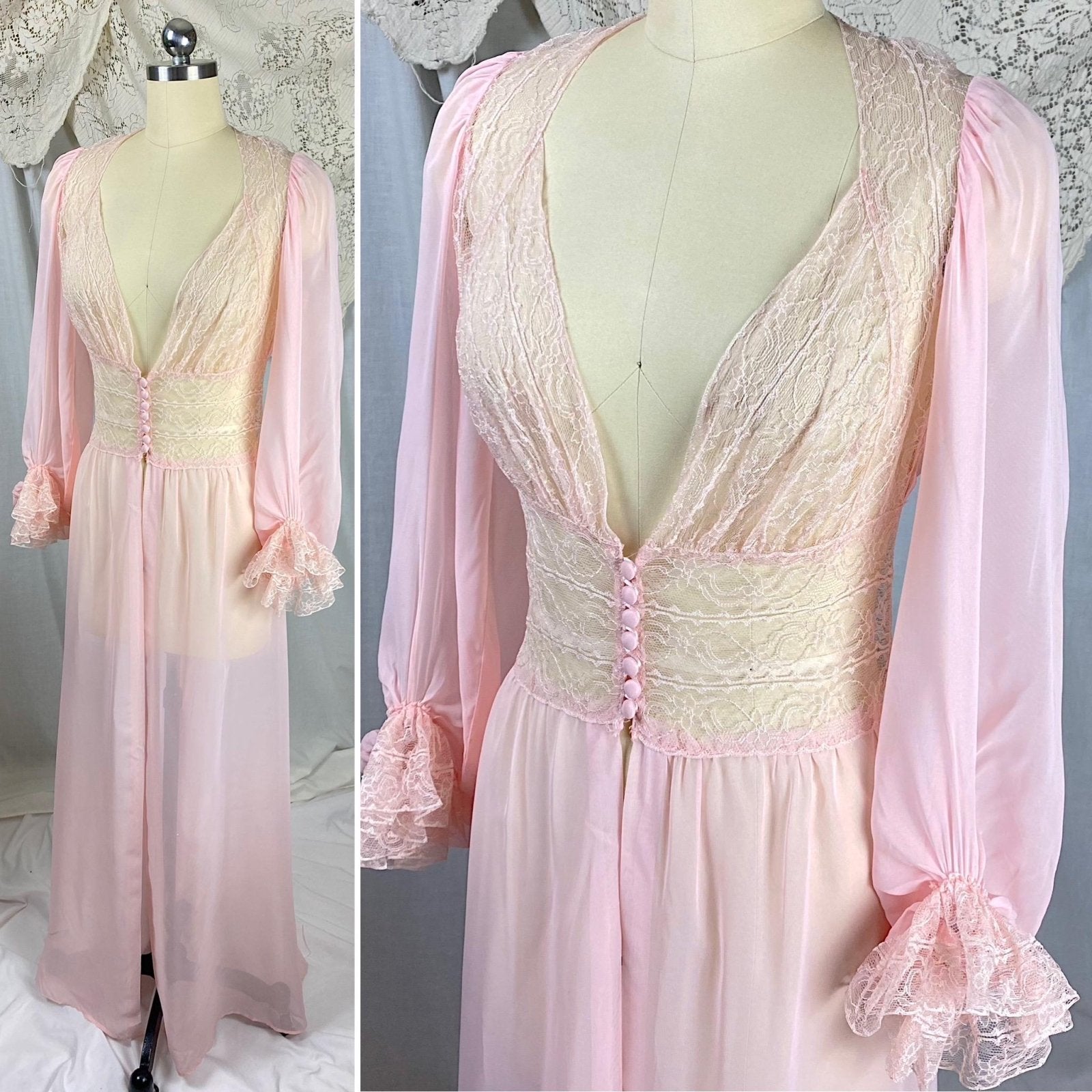 Vintage 1940's - 1950's Dressing Gown Robe | Sheer Baby Pink Rayon Chiffon with Nylon Lace | Size S - Daggers & Dames
