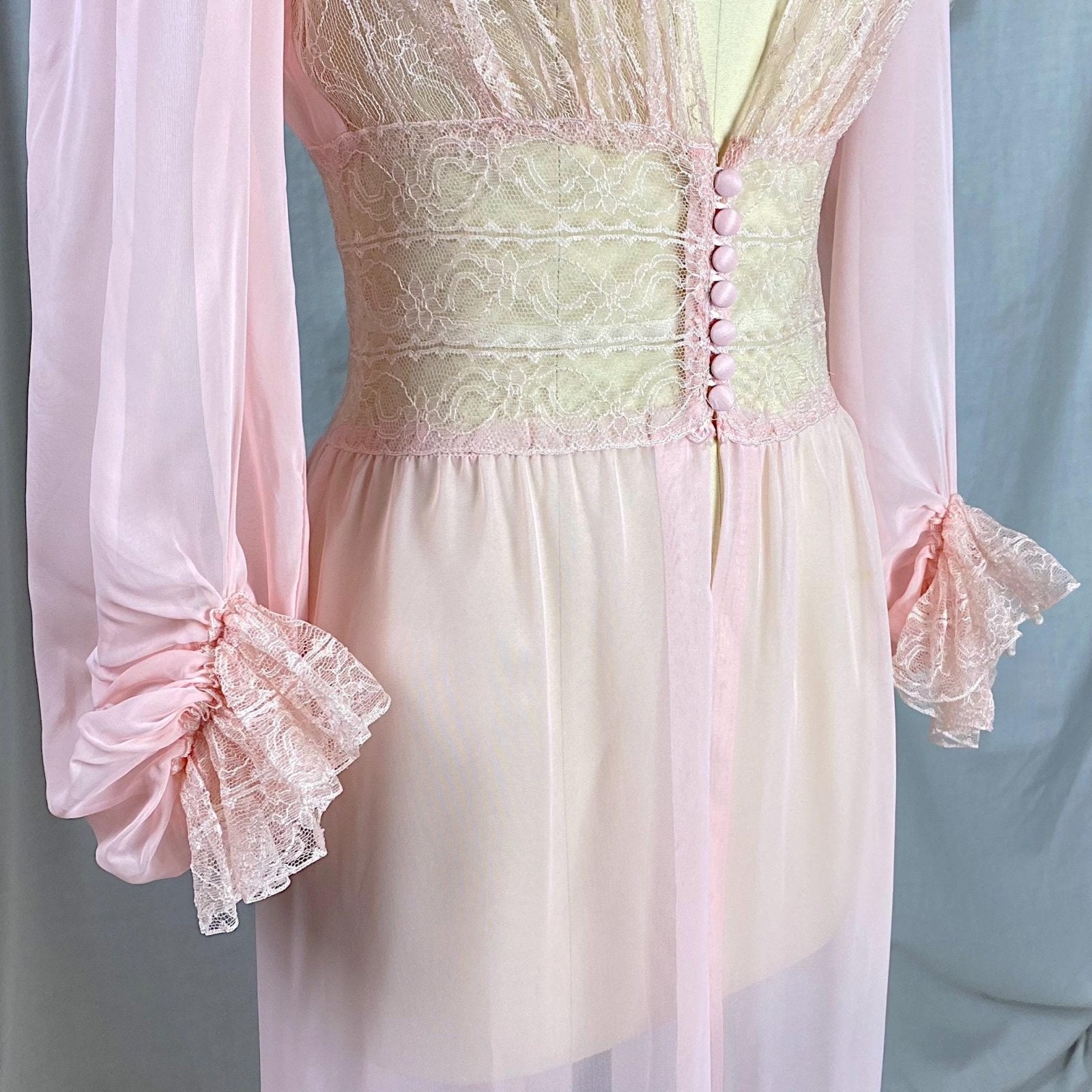 Vintage 1940's - 1950's Dressing Gown Robe | Sheer Baby Pink Rayon Chiffon with Nylon Lace | Size S - Daggers & Dames
