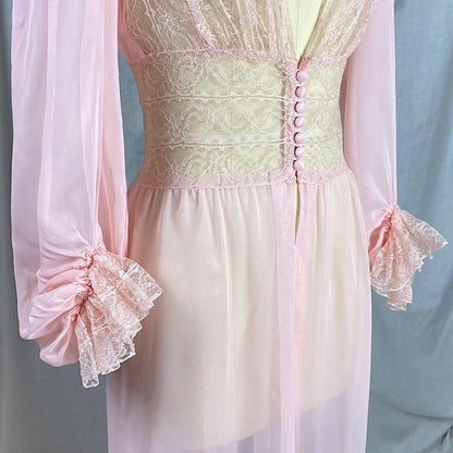 Vintage 1940's - 1950's Dressing Gown Robe | Sheer Baby Pink Rayon Chiffon with Nylon Lace | Size S - Daggers & Dames