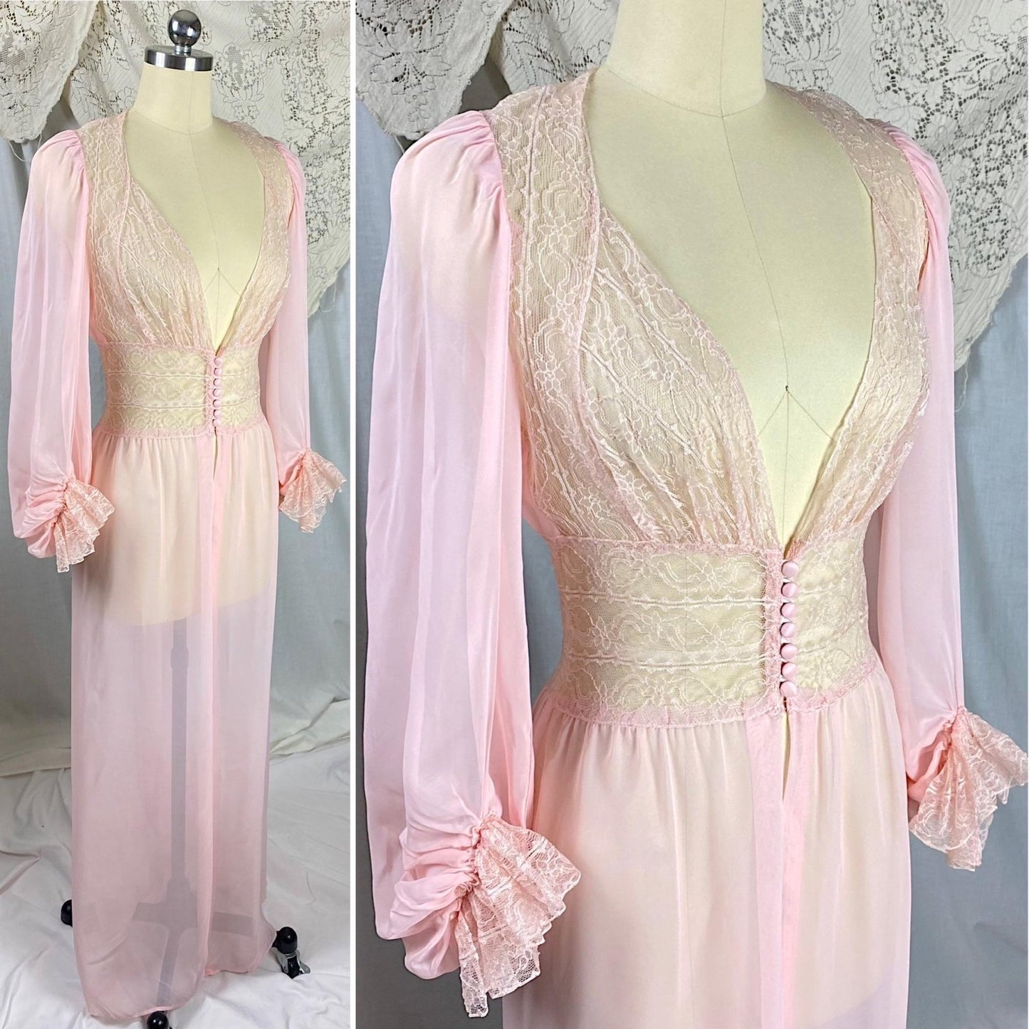 Vintage 1940's - 1950's Dressing Gown Robe | Sheer Baby Pink Rayon Chiffon with Nylon Lace | Size S - Daggers & Dames