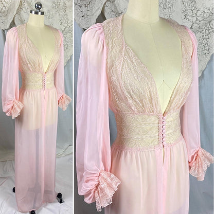 Vintage 1940's - 1950's Dressing Gown Robe | Sheer Baby Pink Rayon Chiffon with Nylon Lace | Size S - Daggers & Dames