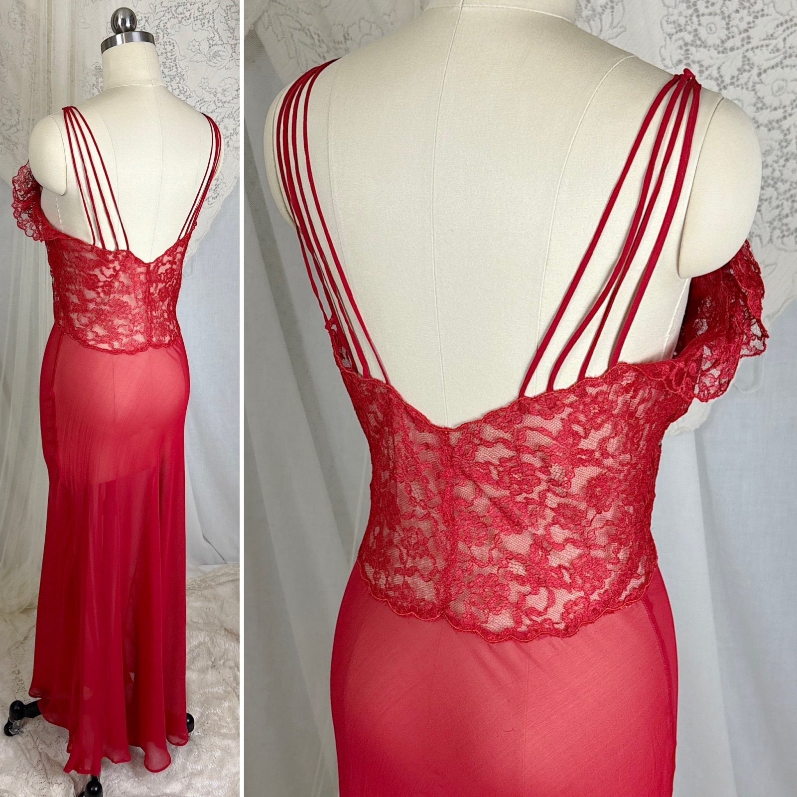 Vintage 1940's - 1950's Hand Stitched Crimson Red Silk Chiffon Nightgown with Ruffled Lace - By Garfield's, Size XS, S - Daggers & Dames