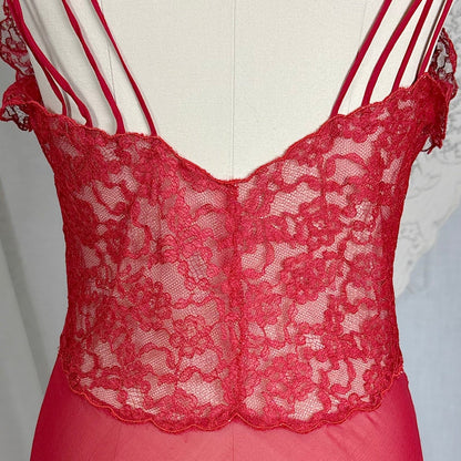 Vintage 1940's - 1950's Hand Stitched Crimson Red Silk Chiffon Nightgown with Ruffled Lace - By Garfield's, Size XS, S - Daggers & Dames