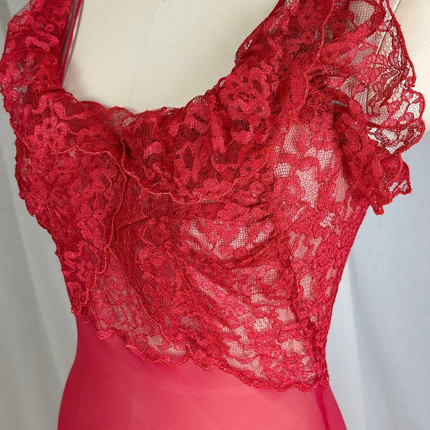 Vintage 1940's - 1950's Hand Stitched Crimson Red Silk Chiffon Nightgown with Ruffled Lace - By Garfield's, Size XS, S - Daggers & Dames