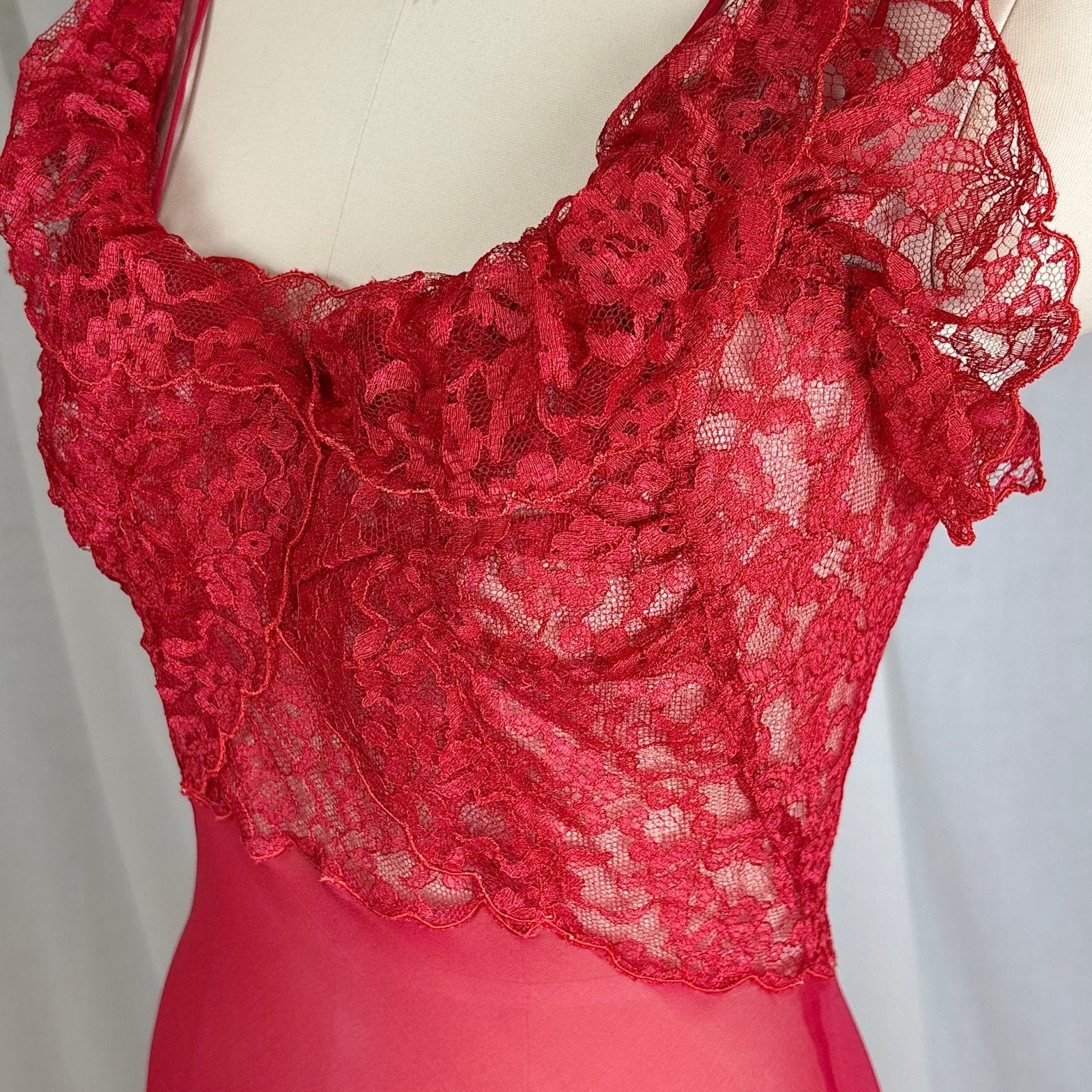 Vintage 1940's - 1950's Hand Stitched Crimson Red Silk Chiffon Nightgown with Ruffled Lace - By Garfield's, Size XS, S - Daggers & Dames