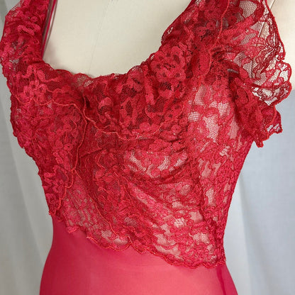 Vintage 1940's - 1950's Hand Stitched Crimson Red Silk Chiffon Nightgown with Ruffled Lace - By Garfield's, Size XS, S - Daggers & Dames