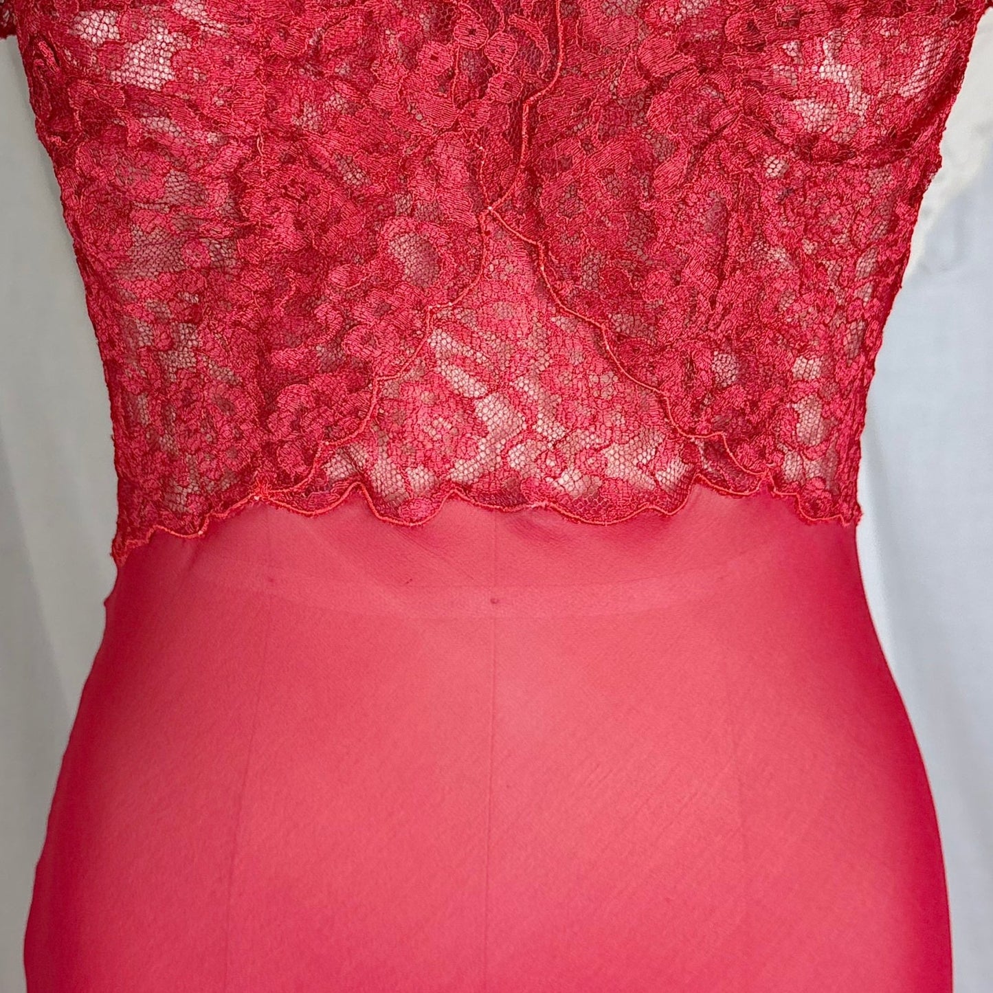 Vintage 1940's - 1950's Hand Stitched Crimson Red Silk Chiffon Nightgown with Ruffled Lace - By Garfield's, Size XS, S - Daggers & Dames