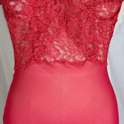 Vintage 1940's - 1950's Hand Stitched Crimson Red Silk Chiffon Nightgown with Ruffled Lace - By Garfield's, Size XS, S - Daggers & Dames