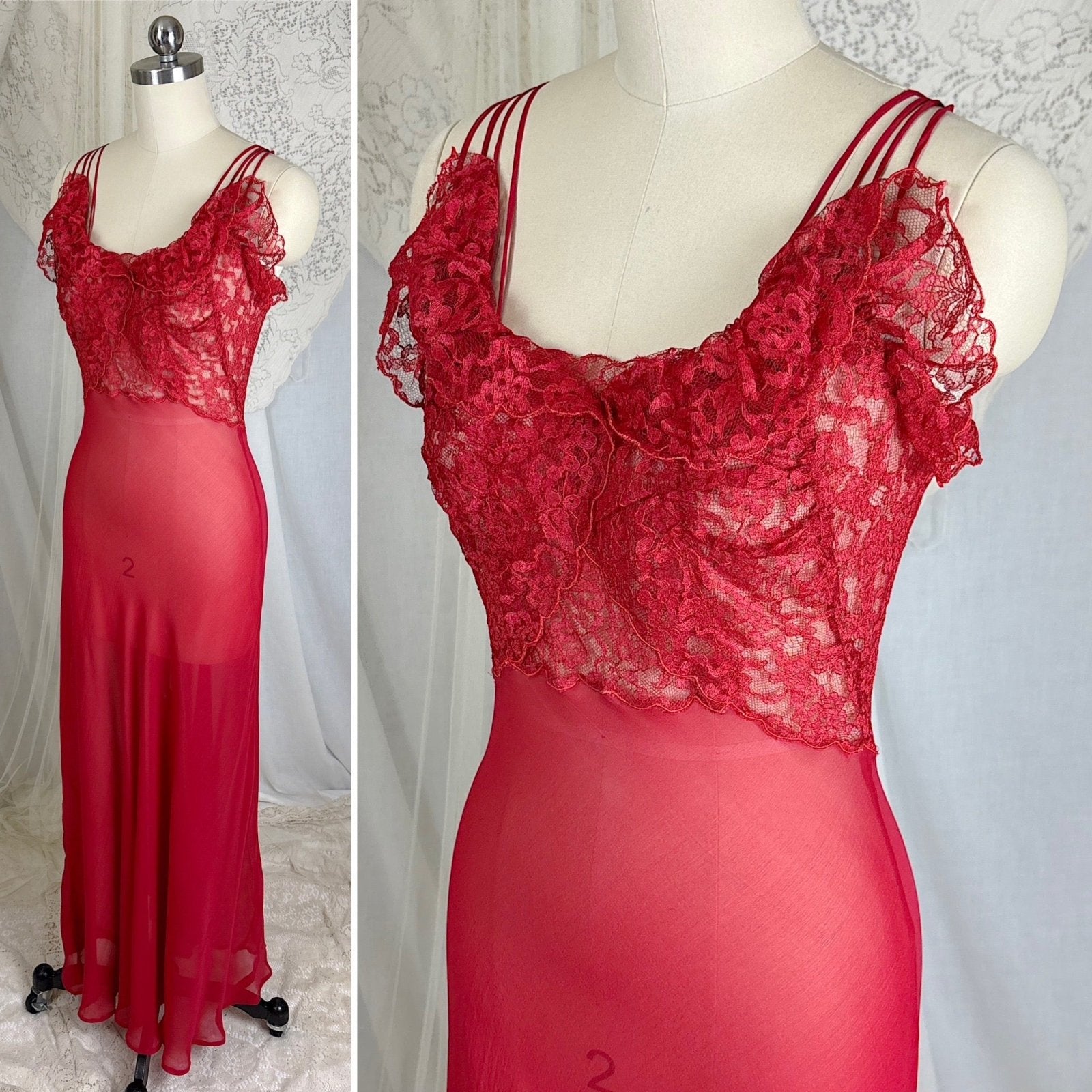 Vintage 1940's - 1950's Hand Stitched Crimson Red Silk Chiffon Nightgown with Ruffled Lace - By Garfield's, Size XS, S - Daggers & Dames